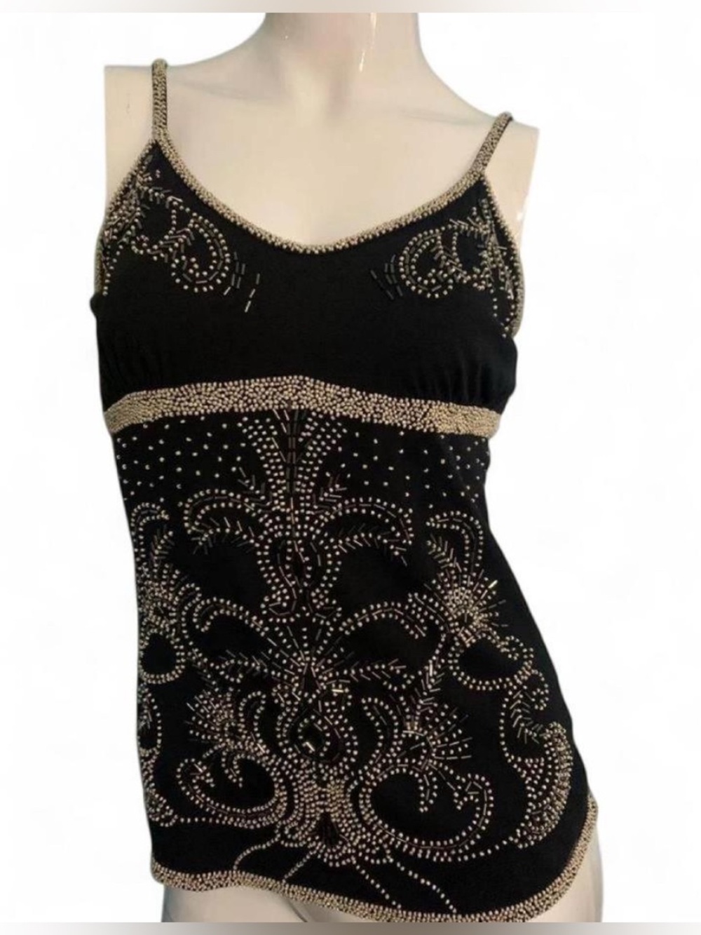 Twisted Heart Heavily Beaded Black Spaghetti Strap Top Size Small